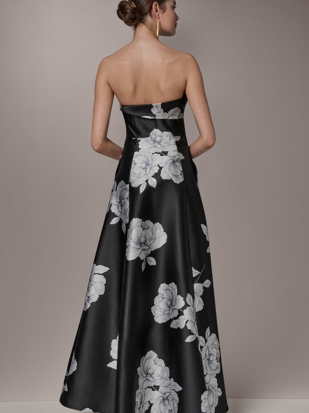 Donna Karan Black Strapless Floral Satin Gown - Picture 2 of 4